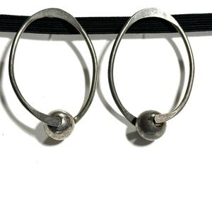 Silver Tone Open Oval Hoop Earrings Round Metal Beads Modernist Look